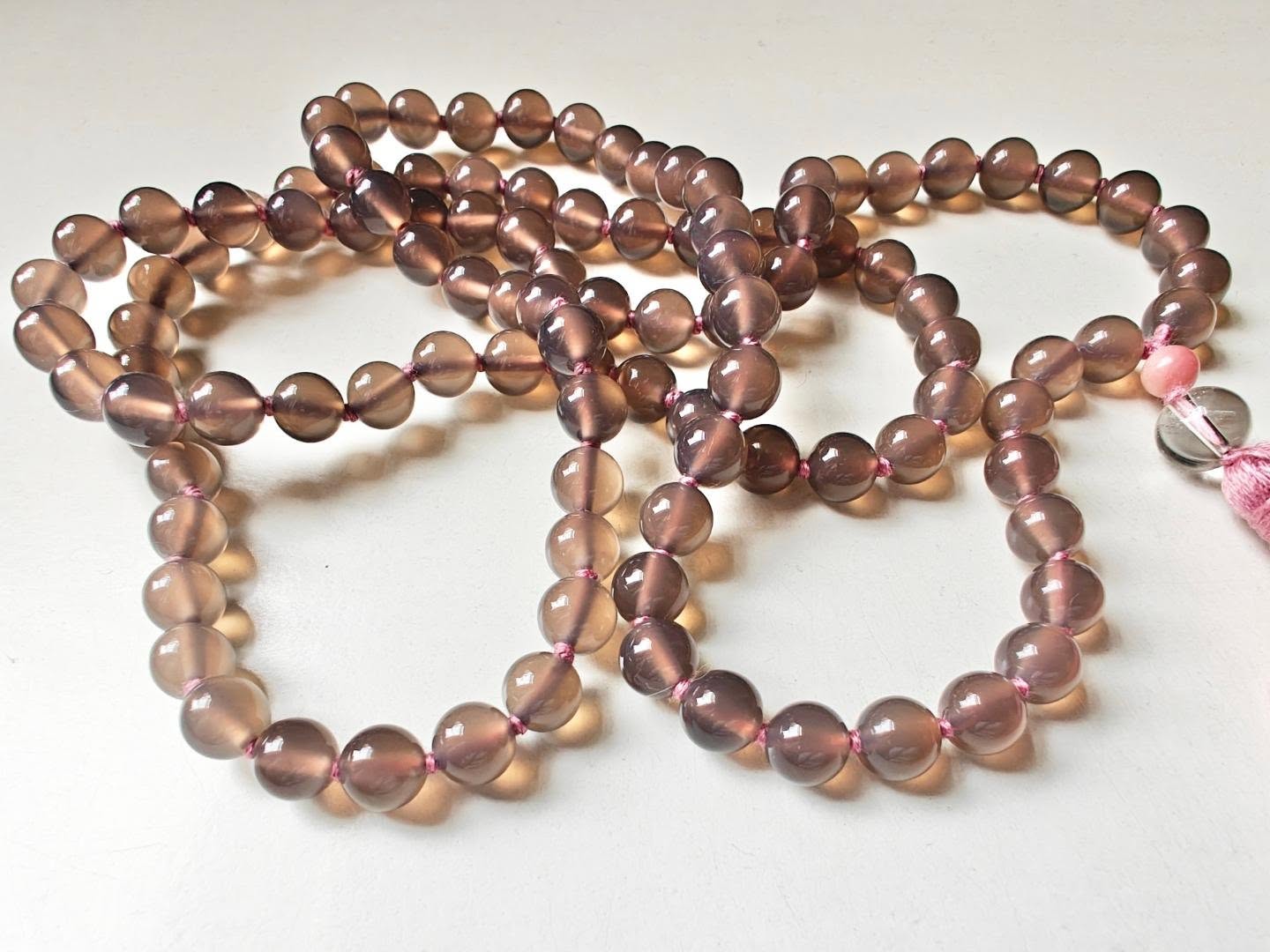 108 bead 8mm Grey Agate Mala with Pink Peruvian/Andean Opal & Clear Quartz Guru Beads - Image 11