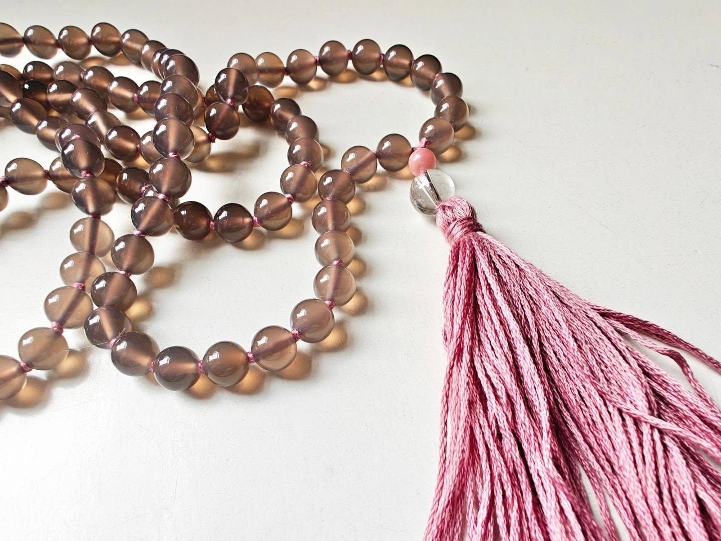 108 bead 8mm Grey Agate Mala with Pink Peruvian/Andean Opal & Clear Quartz Guru Beads - Image 12