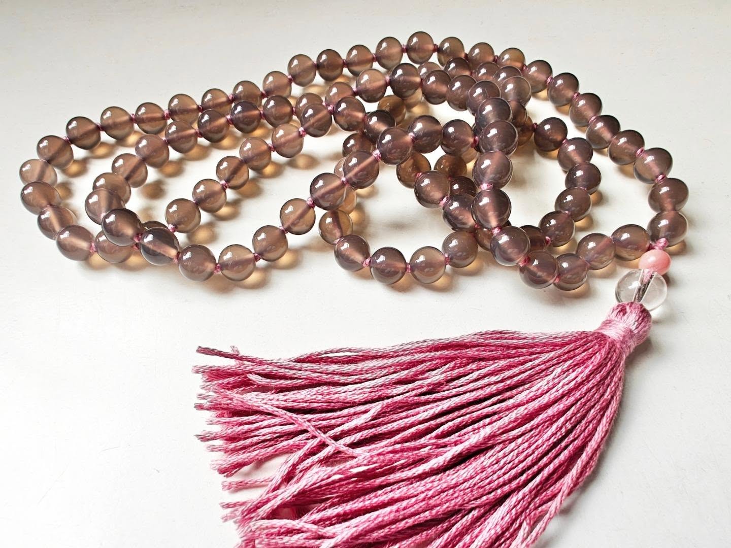 108 bead 8mm Grey Agate Mala with Pink Peruvian/Andean Opal & Clear Quartz Guru Beads - Image 10
