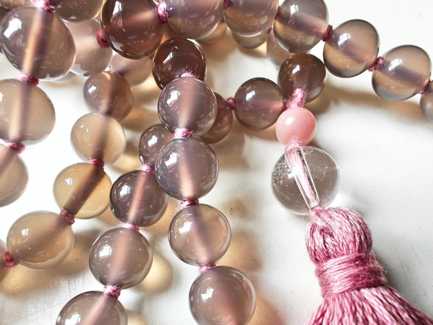 108 bead 8mm Grey Agate Mala with Pink Peruvian/Andean Opal & Clear Quartz Guru Beads - Image 7