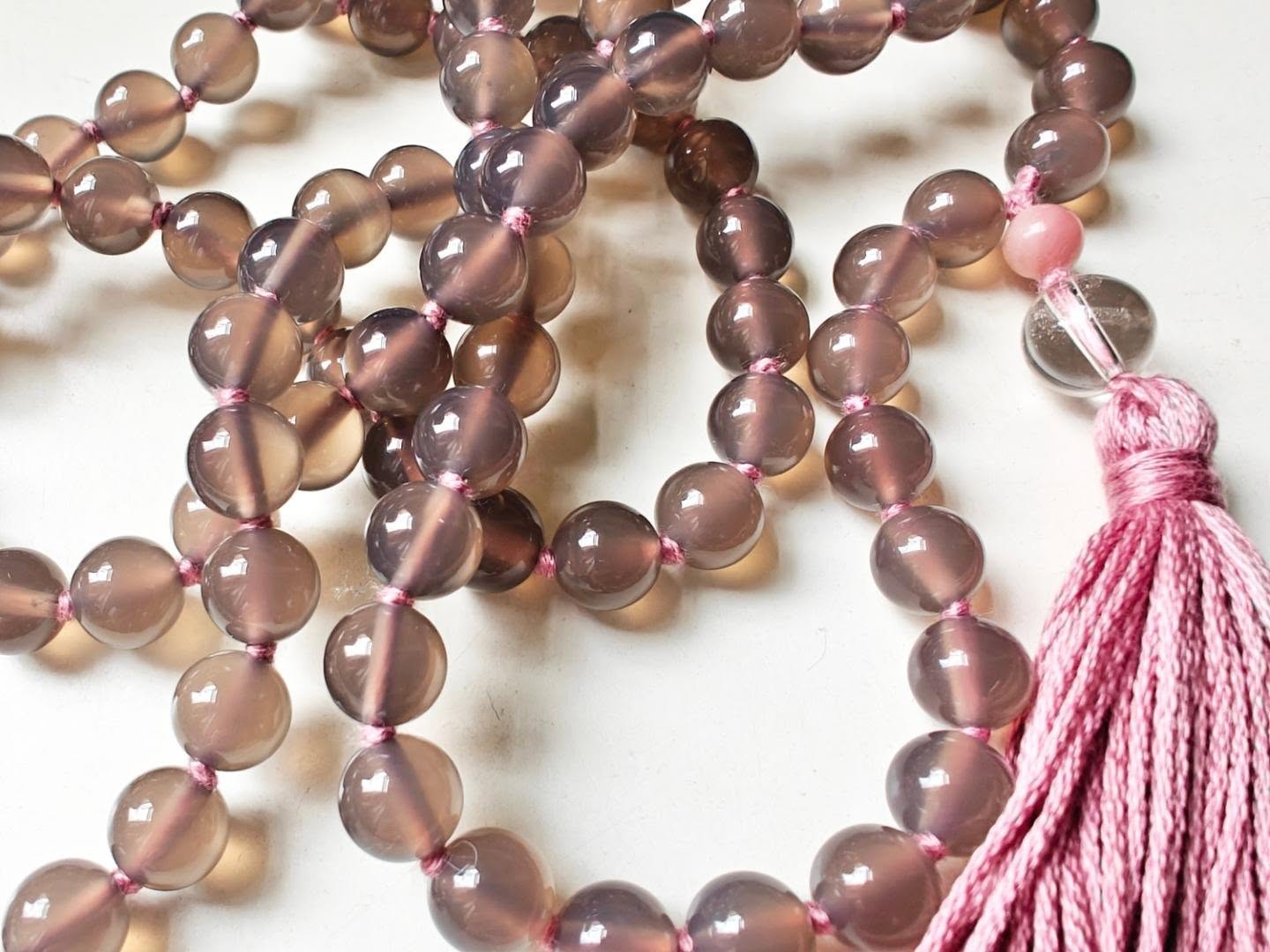 108 bead 8mm Grey Agate Mala with Pink Peruvian/Andean Opal & Clear Quartz Guru Beads - Image 9