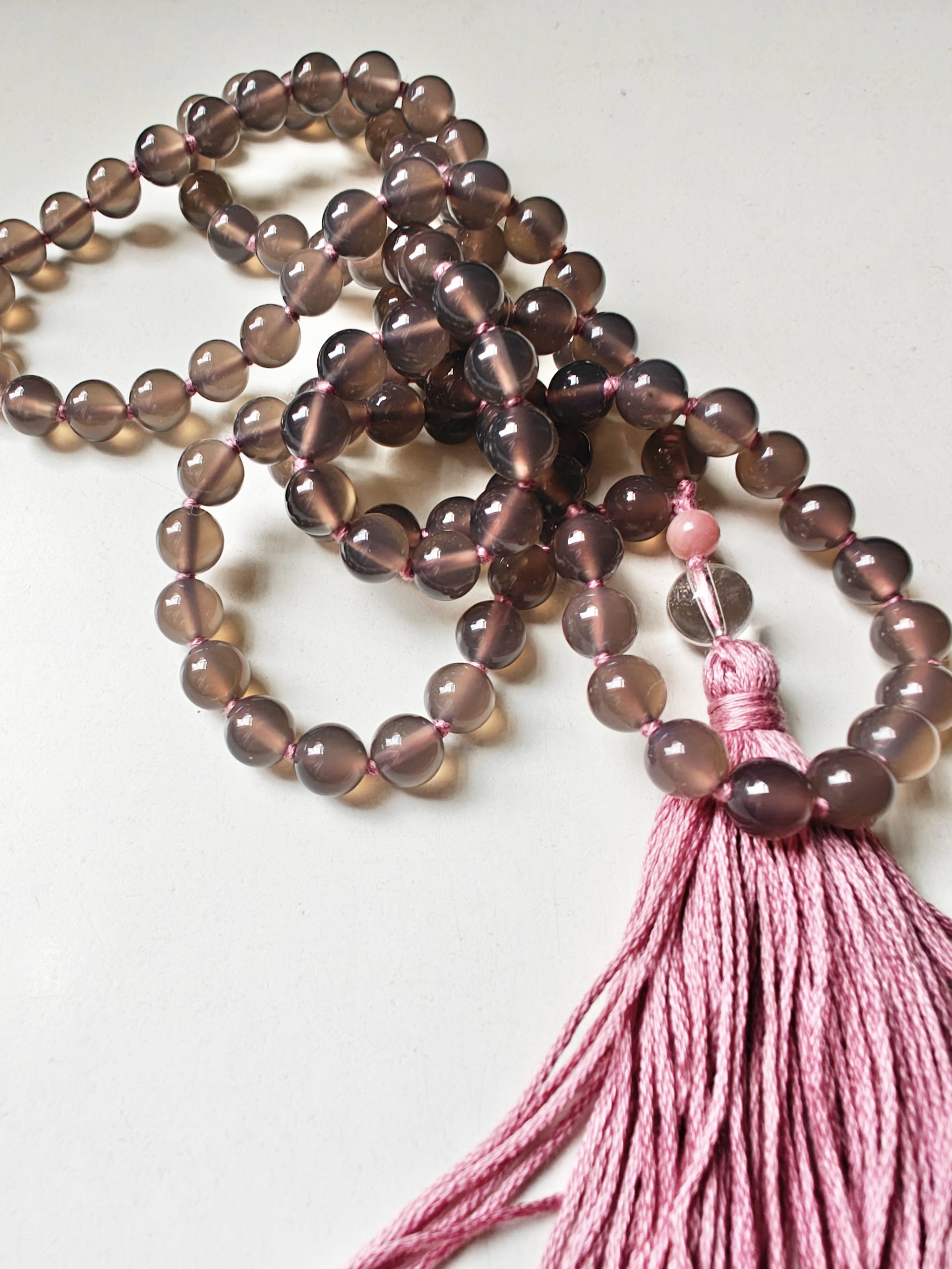 108 bead 8mm Grey Agate Mala with Pink Peruvian/Andean Opal & Clear Quartz Guru Beads - Image 3