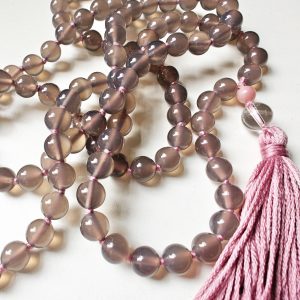 108 bead 8mm Grey Agate Mala with Pink Peruvian/Andean Opal & Clear Quartz Guru Beads