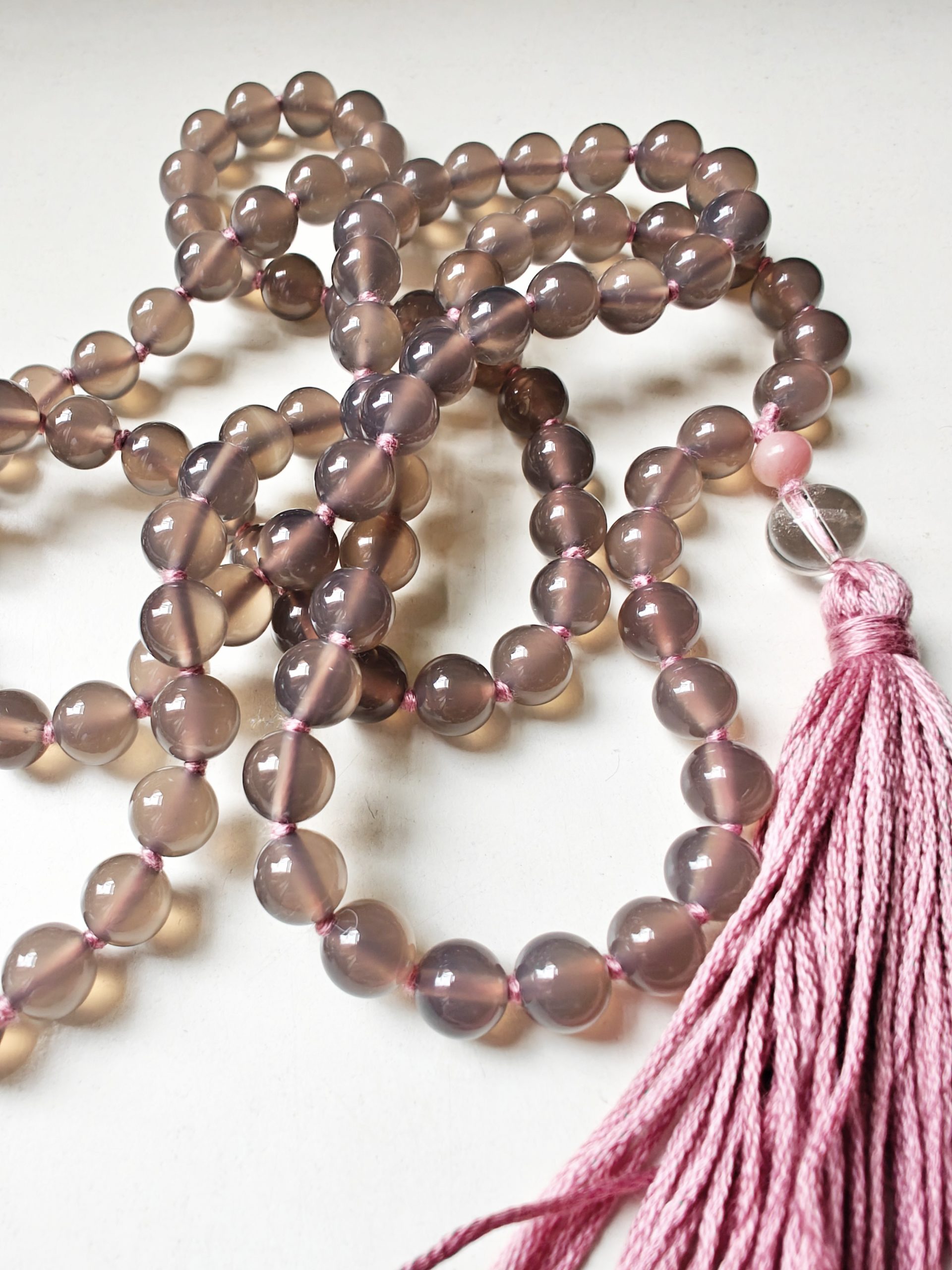 108 bead 8mm Grey Agate Mala with Pink Peruvian/Andean Opal & Clear Quartz Guru Beads