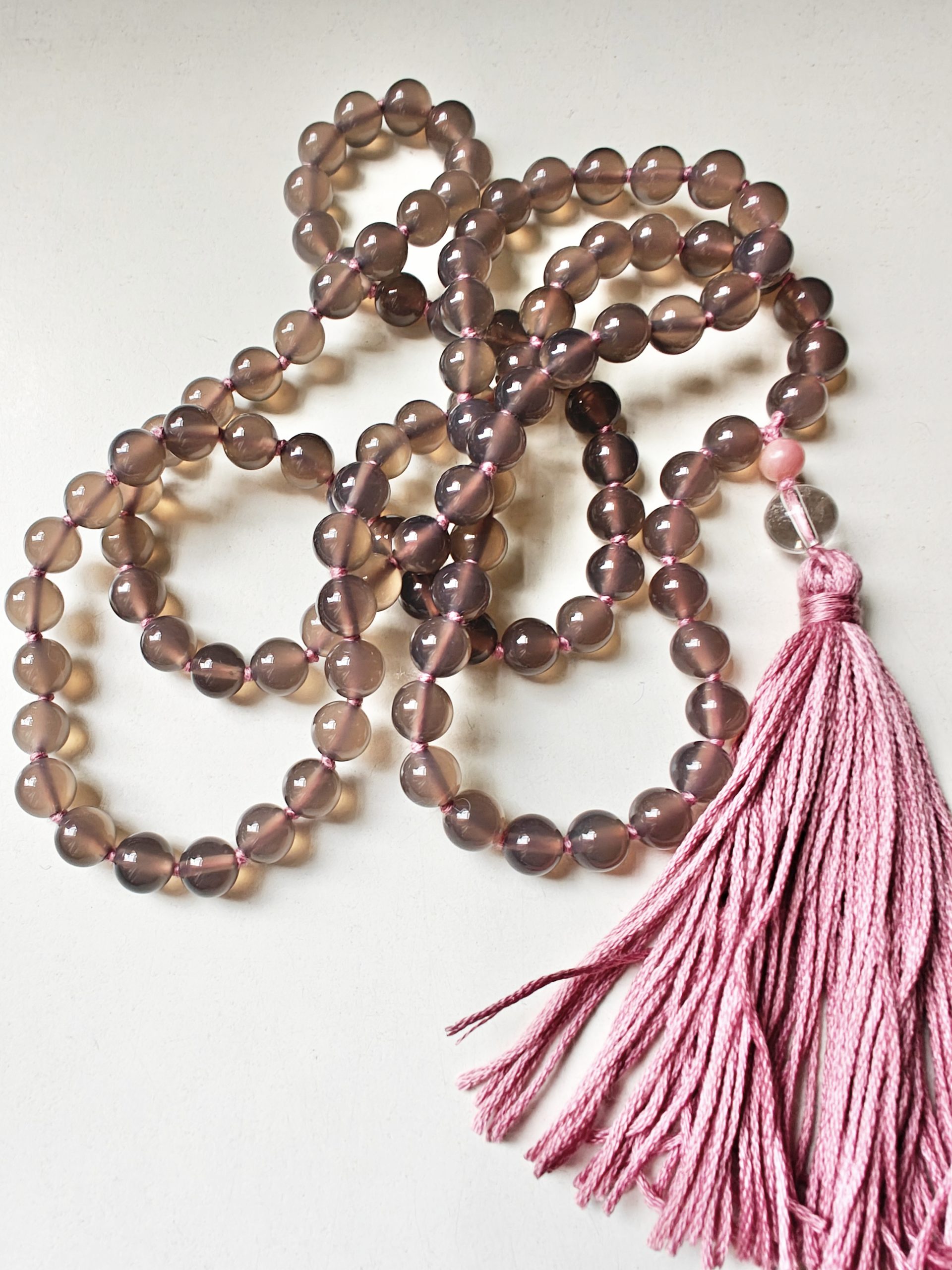 108 bead 8mm Grey Agate Mala with Pink Peruvian/Andean Opal & Clear Quartz Guru Beads - Image 2