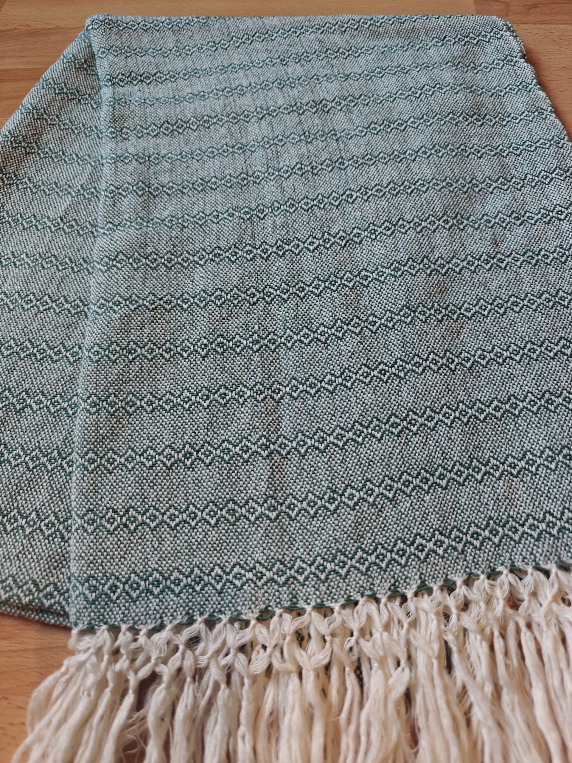 Close Weave Rebozos 2 meter Rhomboid pattern Cream Weft w/ simpler tassels - Image 6